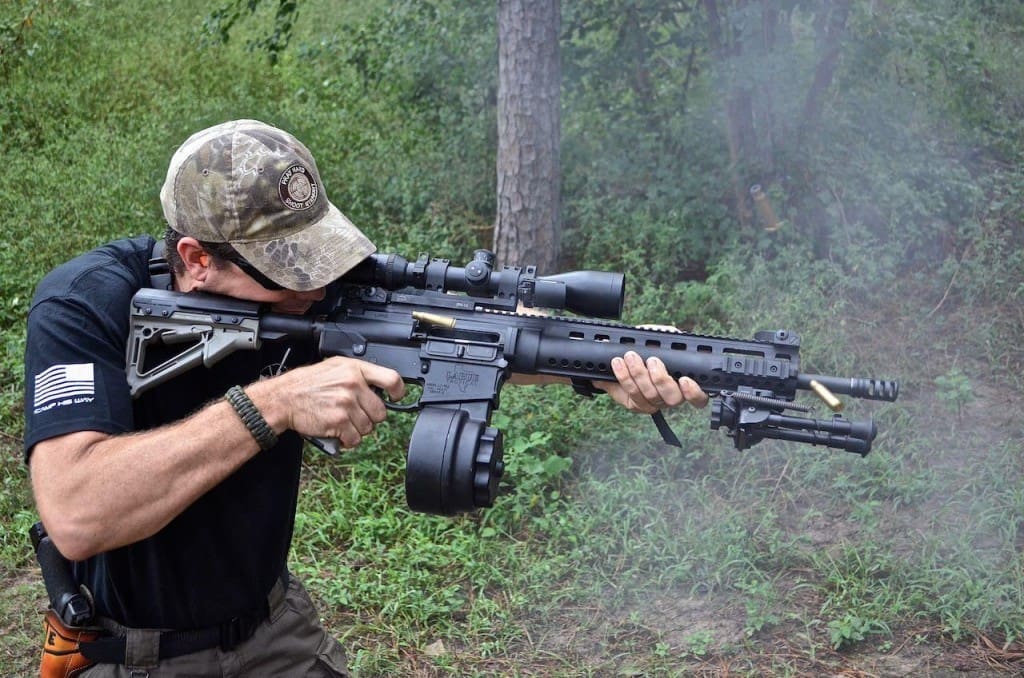 This OBR is one heavy rifle when completely outfitted, but it's short enough with it's 16" barrel to do close quarters defense and accurate enough to run out to 1,000 yards with its more powerful .308 round.