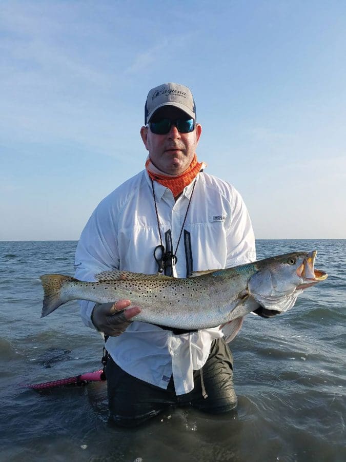 Jesse Sabia caught this 30-inch speckled trout while wadefishing at Port Mansfield. The fish weighed 8.5-pounds on Jesse’s Boga.