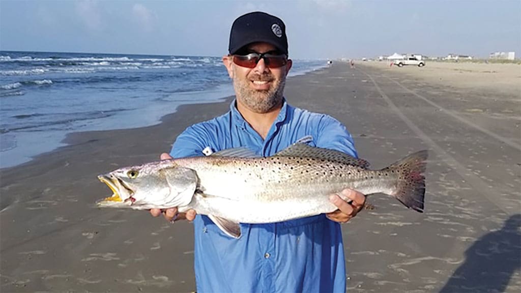 Dennis Viveiros caught this nice speck while fishing the surf at Surfside Beach last June.
