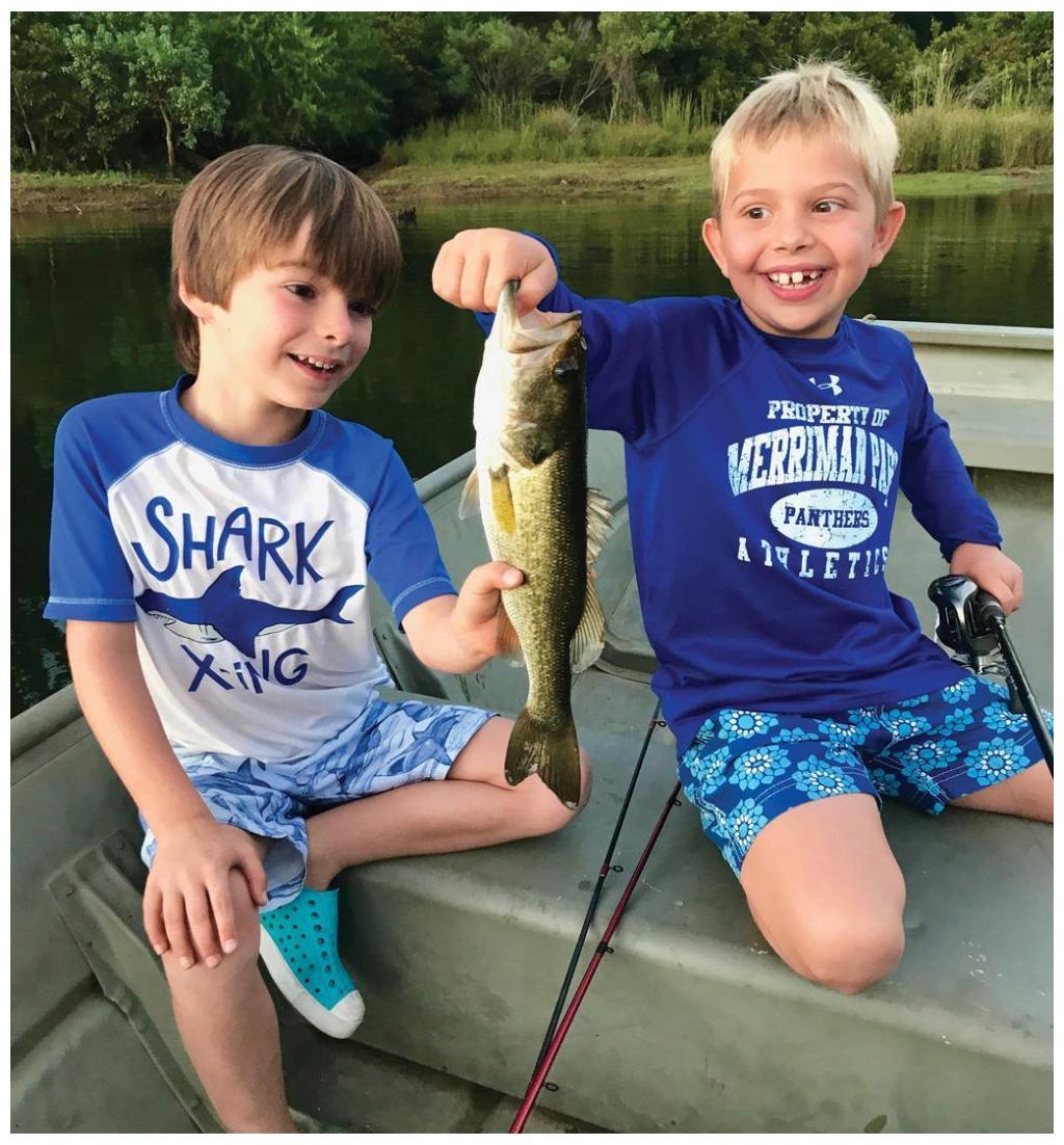 Rylan Grates (L) and Anderson Casey (R), both of Lake Highlands, Dallas, worked together to maneuver and position the boat, cast, reel and land this nice bass on private water south of Athens. They worked well together and a lifelong fishing bond was made.