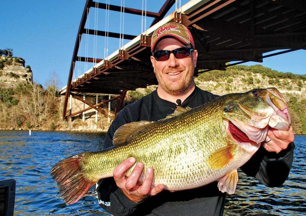 ShareLunker No. 514 Billy Weems with a 13.21 pound bass caught on Lake Austin in February 2011
