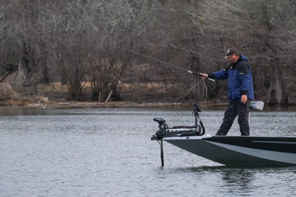 Bass angler Glen Webb of Bethel, Oklahoma, relied heavily on Garmin LiveScope and an Alabama rig to win more than $72,000 in a pair of February bass tournaments on Sam Rayburn. Webb, 32, mounts his unit on a Stowaway Mount adjustable to 31 inches tall for easy viewing. 