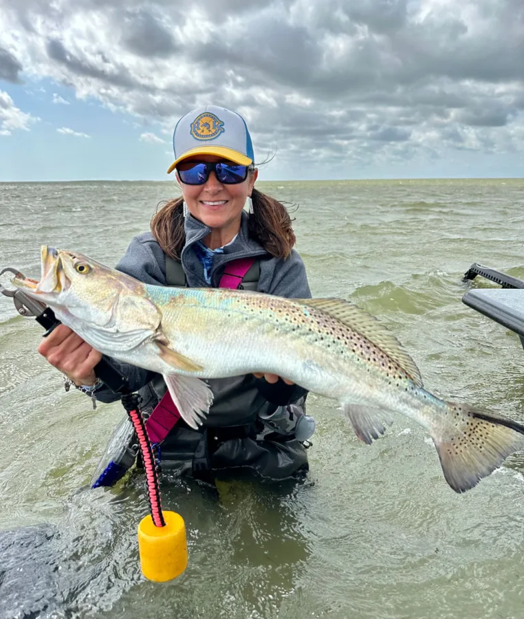 Krystal White with a big Upper Laguna shoreline trout.