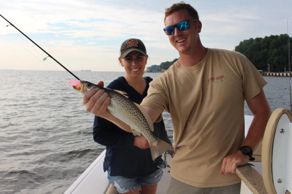 speckled trout on pink jig