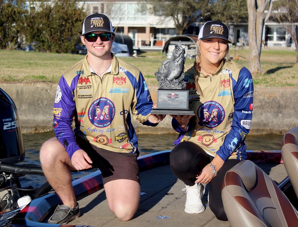 Wyatt Ford and Fallon Clepper with their High School Fishing National Championship trophy.