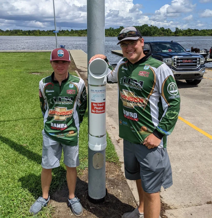 LCM Bass team members Justin James and Gavin Cooper installed fishing line disposal receptacles at public boat ramps.
