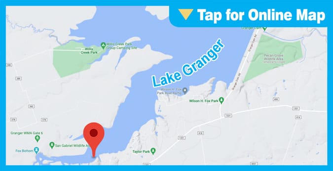 Granger Lake: Standing Timber and San Gabriel River