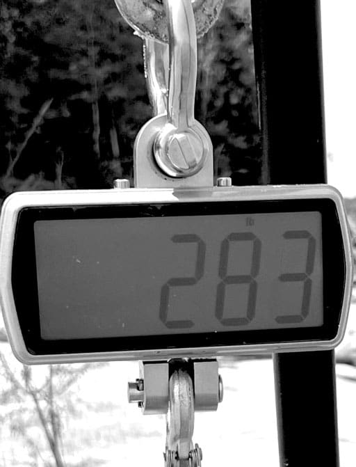 The world record gar’s weight, displayed on the official IGFA scale carried by Guide Kirk Kirkland.