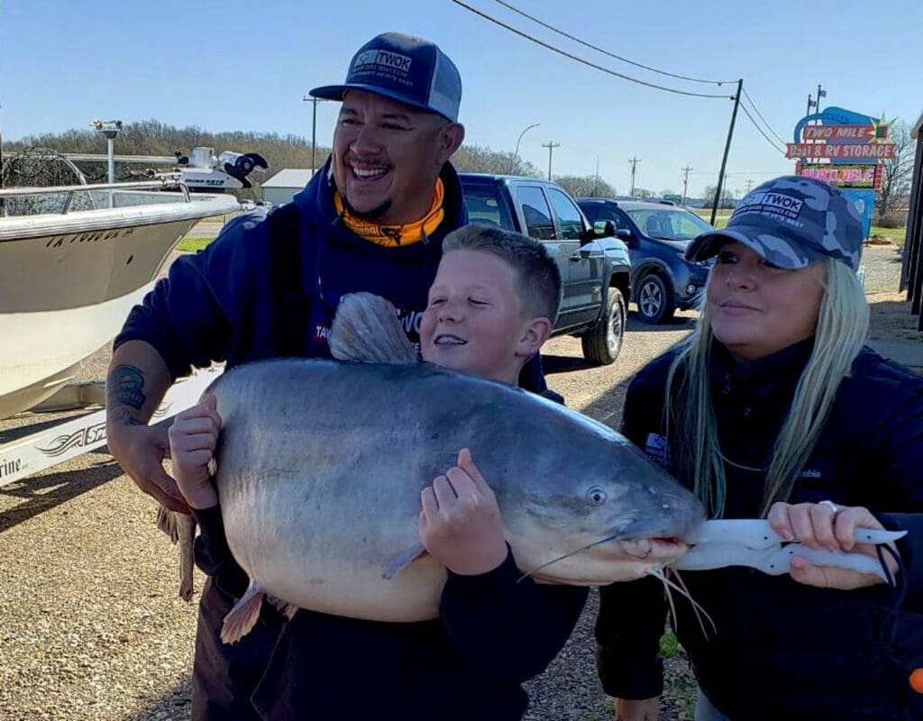 Thirteen-year-old Brayden Rogers and his 67 pound Tawakoni blue.