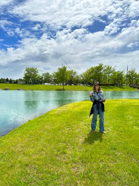 Grayson Highfield getting practice with a fly rod.