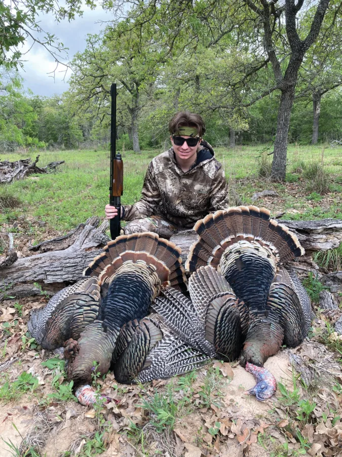 Brandon Ayers shot these two turkeys while hunting with his dad in Stockdale. Brandon has been turkey hunting with his dad since he was 3 years old.