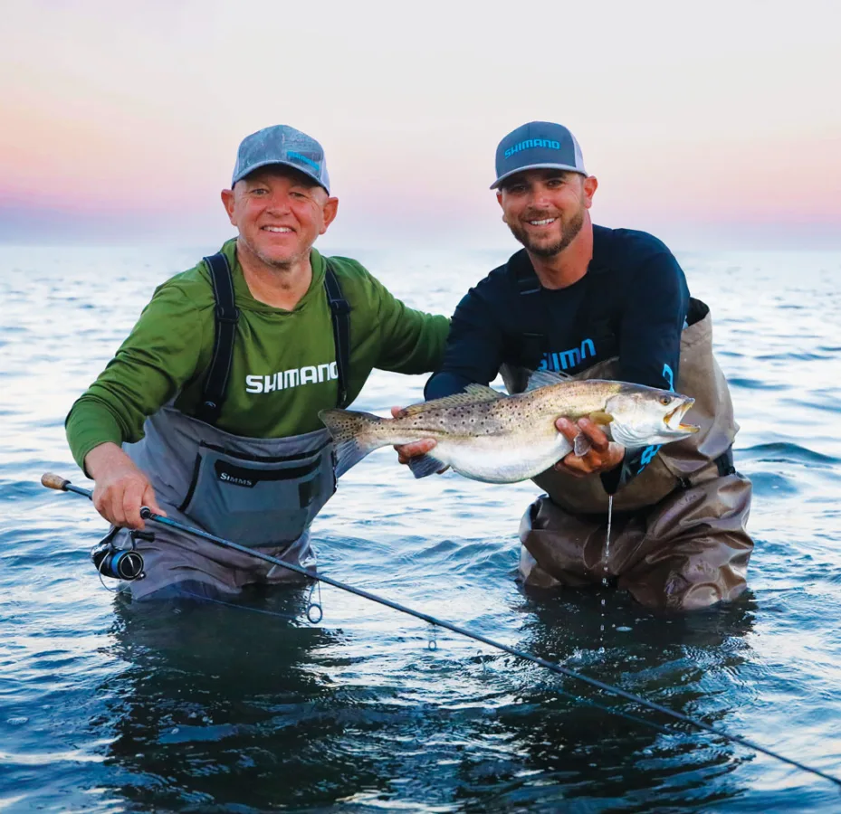 Blaine Anderson of Shimano North American Fishing achieved his goal of catching a breeder speckled trout on a topwater while wading a grassy flat with Capt. Brian Barrera.