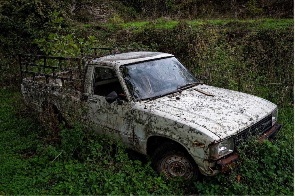 abandoned truck in weeds